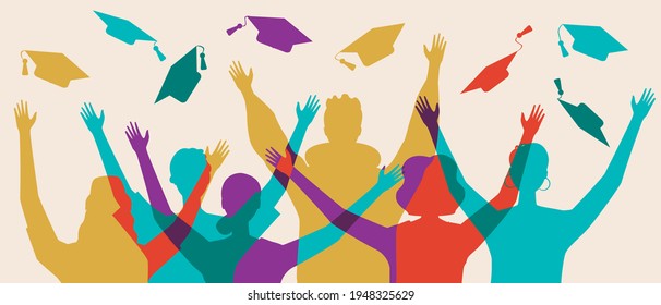 Silhouettes of graduates isolated. Flat vector stock illustration. Bright colors. Graduates at graduation as a group, friends, students. People throw up a square academic cap. Silhouette illustration