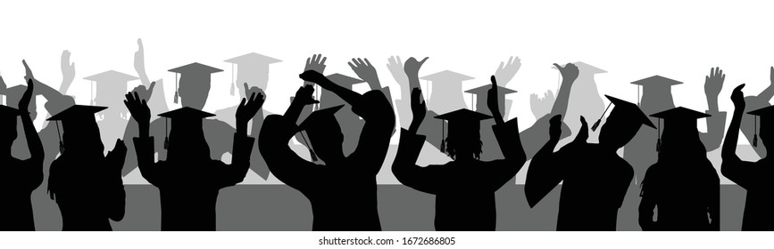 Silhouettes of graduates with square academic caps, seamless pattern. Vector illustration.