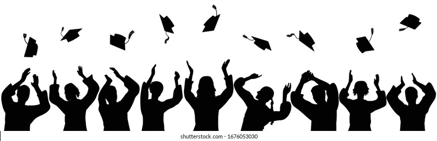 Siluetas de graduados tirando gorras académicas cuadradas. Ilustración vectorial.