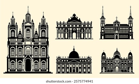 Silhouettes of grand historical buildings and cathedrals showcasing intricate architectural designs.