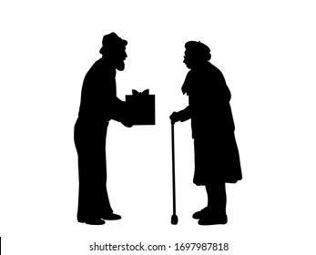 Silhouettes grandfather gives grandmother a present. Illustration vector icon 