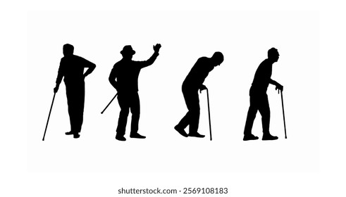 silhouettes of grandfather walking with the help of sticks