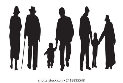 silhouettes of grandparents and grandchildren, isolated image on a white background