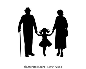 Silhouettes of grandparents walking with granddaughter. Illustration vector icon 