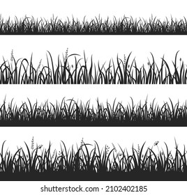 Silhouetten-Gras. Vektorset aus nahtlosen Grasgrasen, Grasflöße, kompakte Rasen, Feld einzeln auf weißem Hintergrund. Frühlings- oder Sommerrasenpanoramalage.Horizontaler Kräuterhintergrund