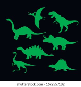 Silhouettes of green dinosaurs on a black background, ancient dinosaurs