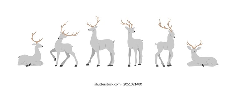 Silhouettes of grey reindeers. Cute deers with antlers standing and jumping. Vector illustration in flat cartoon style.