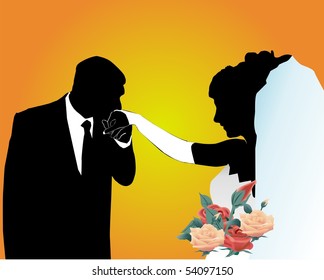 Silhouettes of the groom and the bride on an orange background