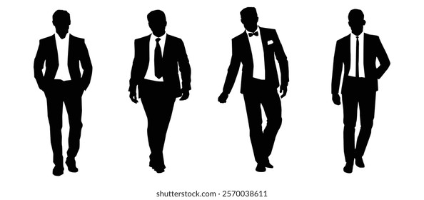 Silhouettes of a group of business men or a male model wearing suits in different styles, vector illustration on a white background.