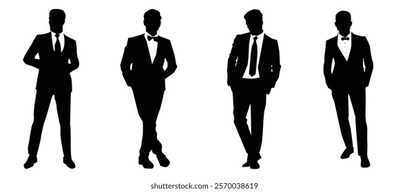 Silhouettes of a group of business men or a male model wearing suits in different styles, vector illustration on a white background.