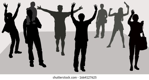 Silhouettes Of A Group Of Happy People Waving Their Hands Welcoming, Rejoicing At The Meeting, A Man With A Child On His Shoulders, A Girl In Shorts With A Bag, Guy Spread Arms To The Sides For A Hug