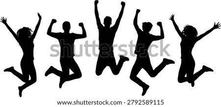 Silhouettes of a group of happy young people jumping for joy, celebrating success and having fun together, isolated on a white background.