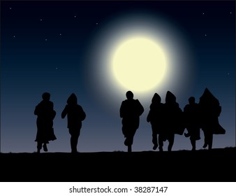 Silhouettes of a group of people, or children running under the moonlight night