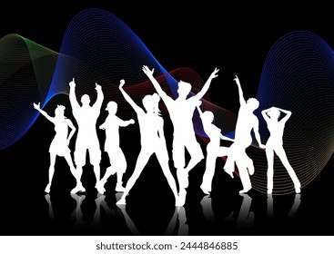 silhouettes of a group of people dancing on an abstract wave background 