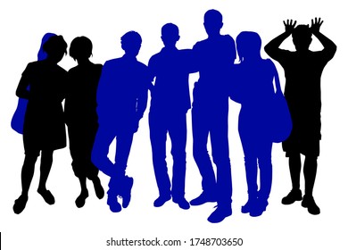 Silhouettes of a group of people friends of men and women isolated on a white background, girl with bag, tourists, team, visitors, hands raised palms at the top, together, standing full length, young.