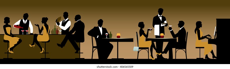 Silhouettes of a group of people holiday makers in a restaurant or bar Stock vector illustration