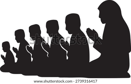Silhouettes of a group of people sitting and praying together in a solemn gathering
