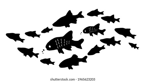 Silhouettes of groups of  fishes on white. Vector