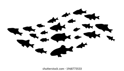 Siluetas de grupos de peces sobre blanco. Vector