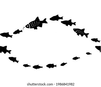 Silhouettes of groups of  fishes on white. Seamless background. Vector