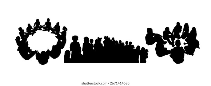 Silhouettes of groups of people set. hand drawn. Not AI, Vector illustration.