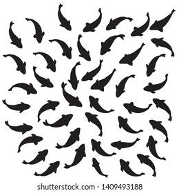  Silhouettes of groups of sea fishes on a white background Isolated with empty space
