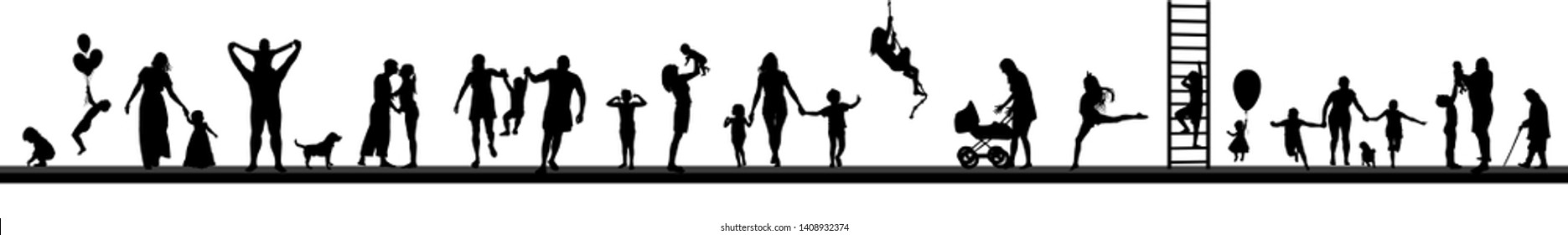 Silhouettes of grown-up people and children. Family for a walk. Family happy life in silhouettes. Vector illustration