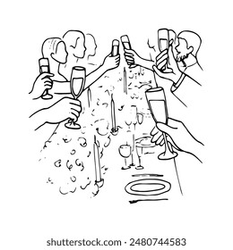 silhouettes of guests with raised glasses of champagne over a table served and decorated with flowers - hand drawn line sketch. wedding, dinner party, special event