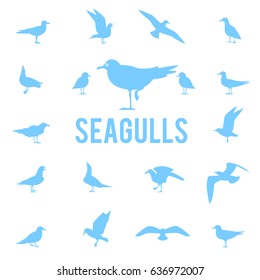 Silhouettes of gulls isolated on white background. Flying and seated birds.