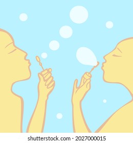 Silhouettes of a guy and a girl blowing soap bubbles. Vector illustration. Minimalism.
