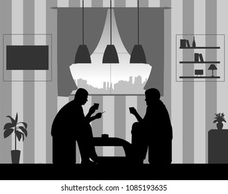 Silhouettes de los chicos en la habitación en casa fumando cigarrillos y bebiendo café, uno en la serie de imágenes similares