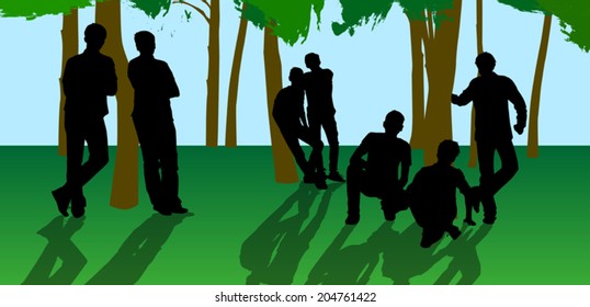 silhouettes guys in the shade of the trees vector
