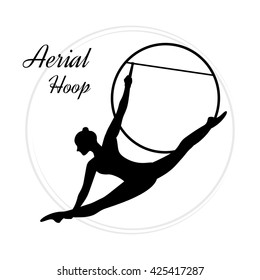 Silhouettes of a gymnast in the aerial hoop. Vector illustration on white background. Air gymnastics concept