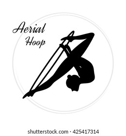 Silhouettes of a gymnast in the aerial hoop. Vector illustration on white background. Air gymnastics concept