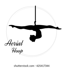 Silhouettes of a gymnast in the aerial hoop. Vector illustration on white background. Air gymnastics concept