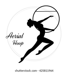 Silhouettes of a gymnast in the aerial hoop. Vector illustration on white background. Air gymnastics concept