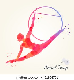 Silhouettes of a gymnast in the aerial hoop. Vector watercolor illustration on a paper background. Air gymnastics concept