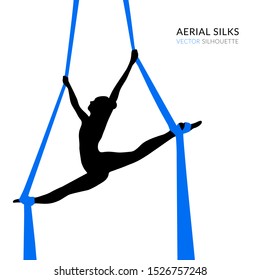 Silhouettes of a gymnast in the aerial silks. Vector illustration on white background. Air gymnastics concept