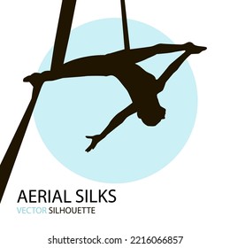 Silhouettes of a gymnast in the aerial silks. Vector illustration on white background. Air gymnastics 