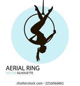 Silhouettes of a gymnast in the aerial silks. Vector illustration on white background. Air gymnastics 