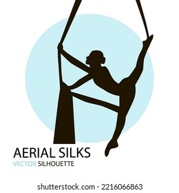 Silhouettes of a gymnast in the aerial silks. Vector illustration on white background. Air gymnastics 