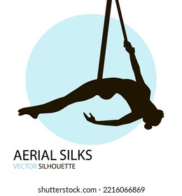 Silhouettes of a gymnast in the aerial silks. Vector illustration on white background. Air gymnastics 