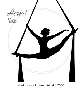 Silhouettes of a gymnast in the aerial silks. Vector illustration on white background. Air gymnastics concept