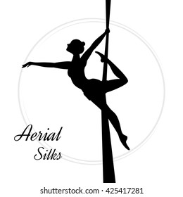 Silhouettes of a gymnast in the aerial silks. Vector illustration on white background. Air gymnastics concept