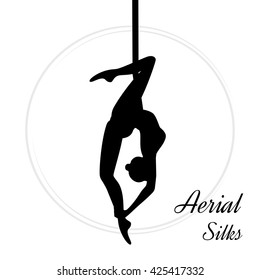 Silhouettes of a gymnast in the aerial silks. Vector illustration on white background. Air gymnastics concept