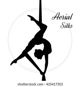Silhouettes of a gymnast in the aerial silks. Vector illustration on white background. Air gymnastics concept