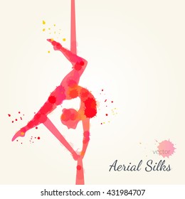 Silhouettes of a gymnast in the aerial silks. Vector watercolor illustration on a paper background. Air gymnastics concept