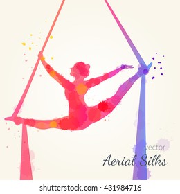 Silhouettes of a gymnast in the aerial silks. Vector watercolor illustration on a paper background. Air gymnastics concept