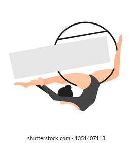 Silhouettes of gymnast in the hoop. Air gymnastics concept. Aerial yoga, woman doing some acrobatic elements flying ring. Vector illustration flat style. Copy space for your logo for fit lyra studio. 