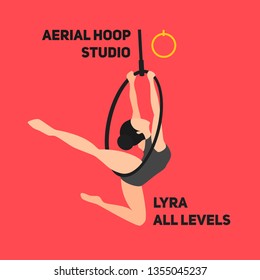 Silhouettes of a gymnast in the hoop (LYRA). Air gymnastics concept. Aerial yoga, woman doing some acrobatic elements flying ring. Flat retro vintage style. The logo for fit studio. 